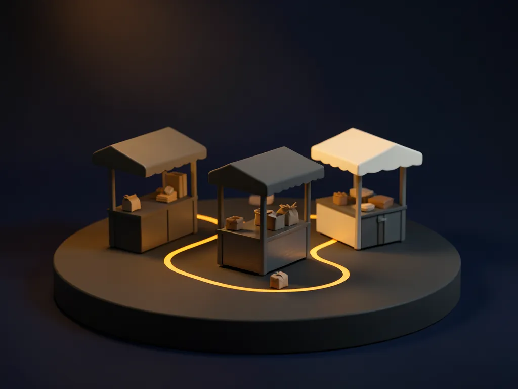 Small market stalls on a platform, linked by glowing amber paths.