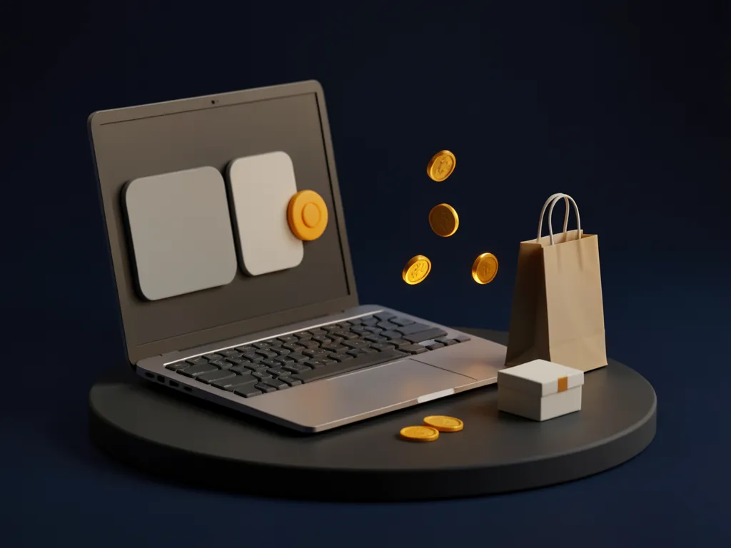 A laptop showing a checkout, with parcels and a shopping bag, as amber coins rise from it.