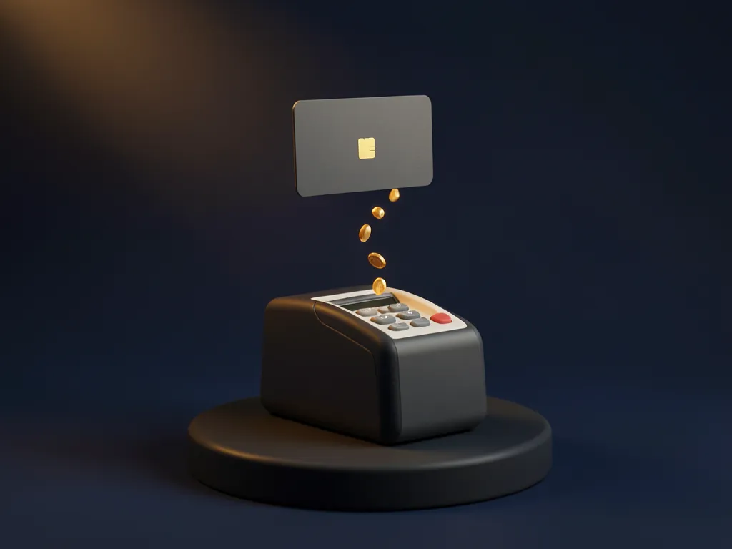 A card terminal under a payment card, with amber coins rising between them.