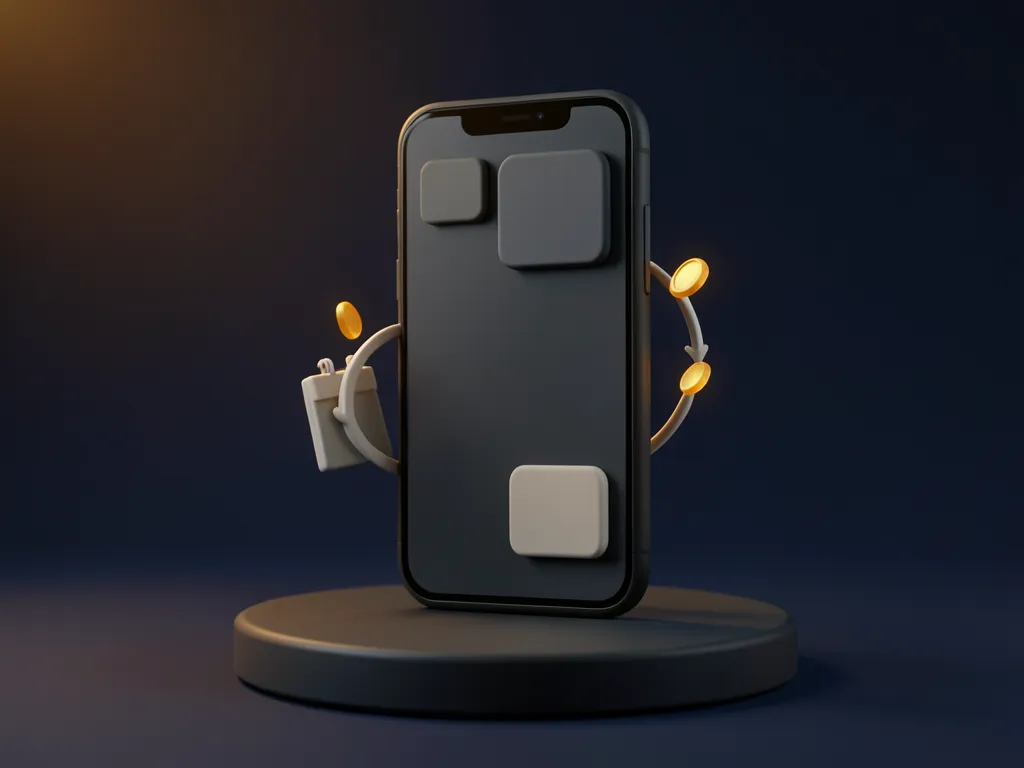 A phone surrounded by a looping arrow and a calendar, with amber coins orbiting it.
